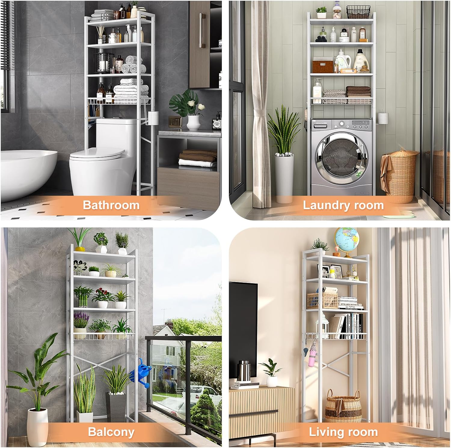 Kalrin Over-The-Toilet Storage Rack, 4-Tier Bathroom Organizer Shelf Over Toilet with Adjustable Shelf and Basket, Freestanding Space Saver Bathroom Shelves Above Toilet for Room (Pure White)