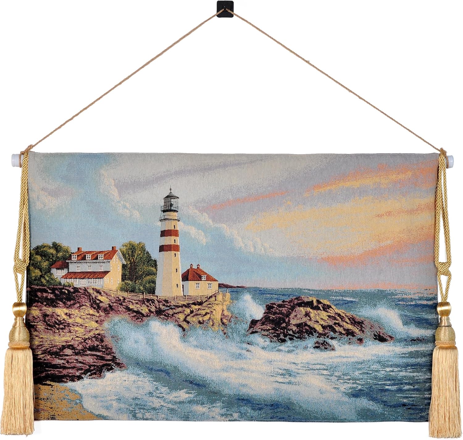 Vintage Nature Tapestry Wall Hanging Set with Telescopic Rod & Tassels - Jacquard Woven Fabric Aesthetic Lake & Mountain Landscape Wall Tapestry for Bedroom/Living Room Decor Green Art (42"x27")