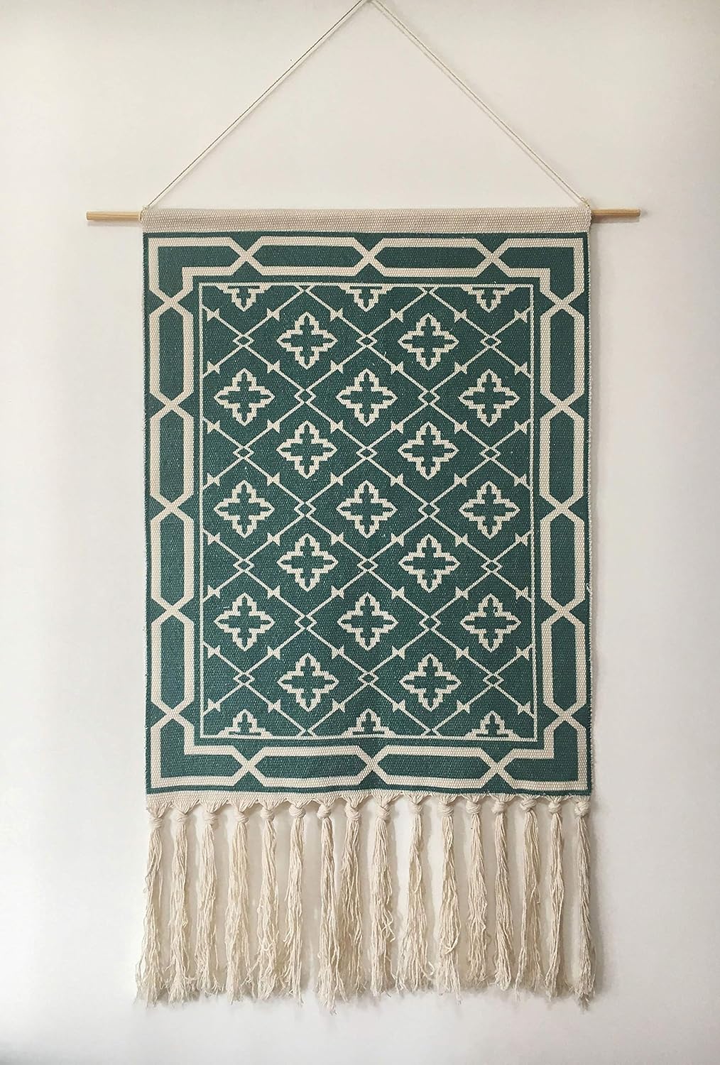 Macrame Woven Wall Tapestry Hanging Art, 20x34 Extra Large Boho Chic Bohemian Morocco Dark Green Geometric Tapestries Decor for Apartment Dorm Kids Living Room Bedroom Door Entrance