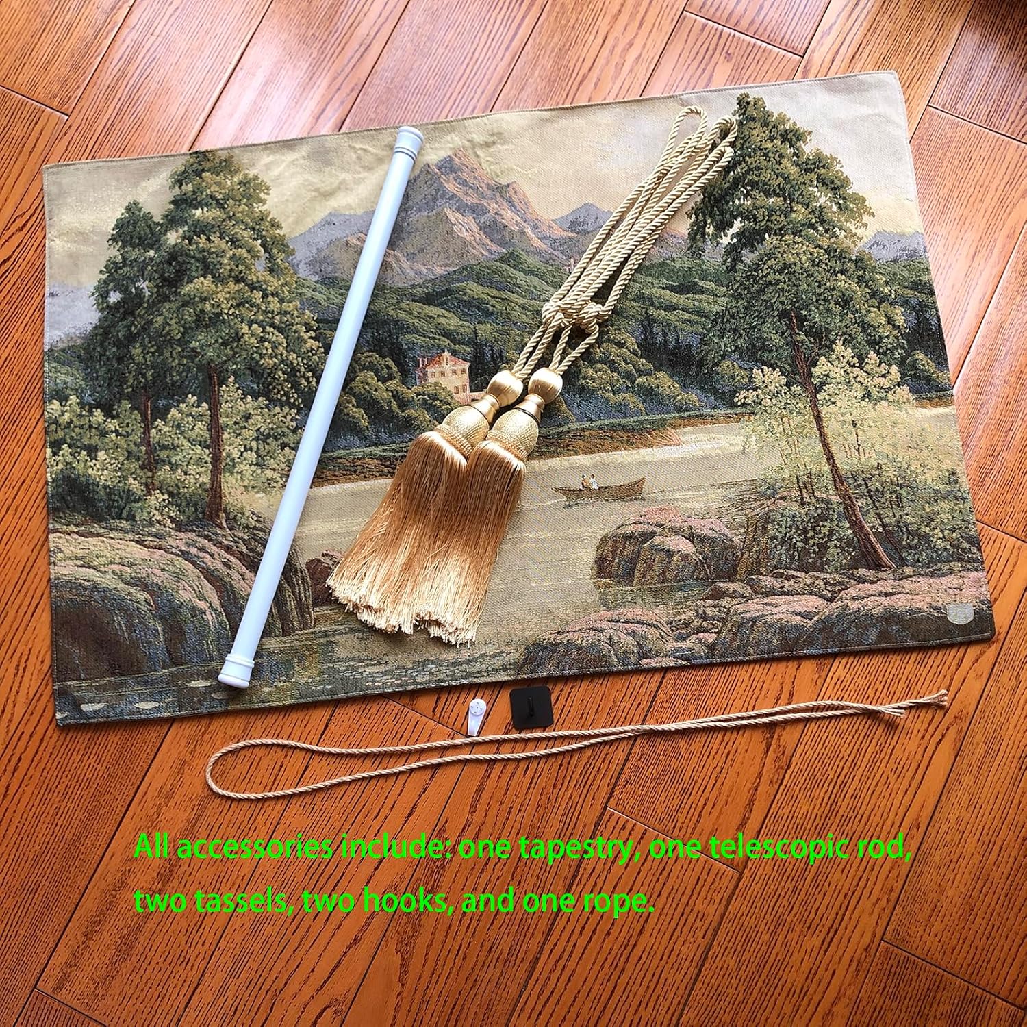 Vintage Nature Tapestry Wall Hanging Set with Telescopic Rod & Tassels - Jacquard Woven Fabric Aesthetic Lake & Mountain Landscape Wall Tapestry for Bedroom/Living Room Decor Green Art (42"x27")