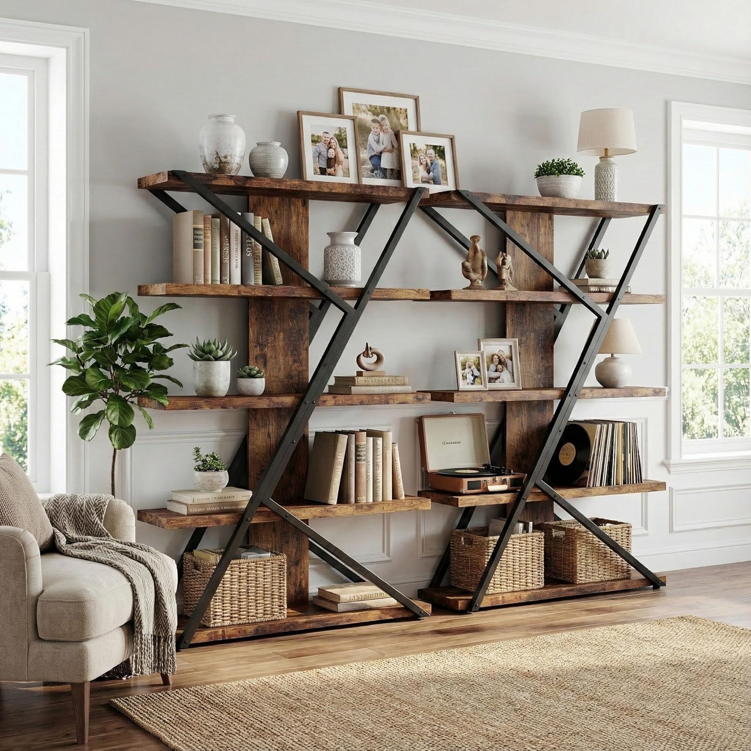 FUSUNBAO Industrial Bookshelf, Vintage 5-Tier Tall Bookcase with Wood and Metal Frame, Rustic Large Display Shelf for Home Office, 67" H x 47" L x 12" W, Rustic Brown