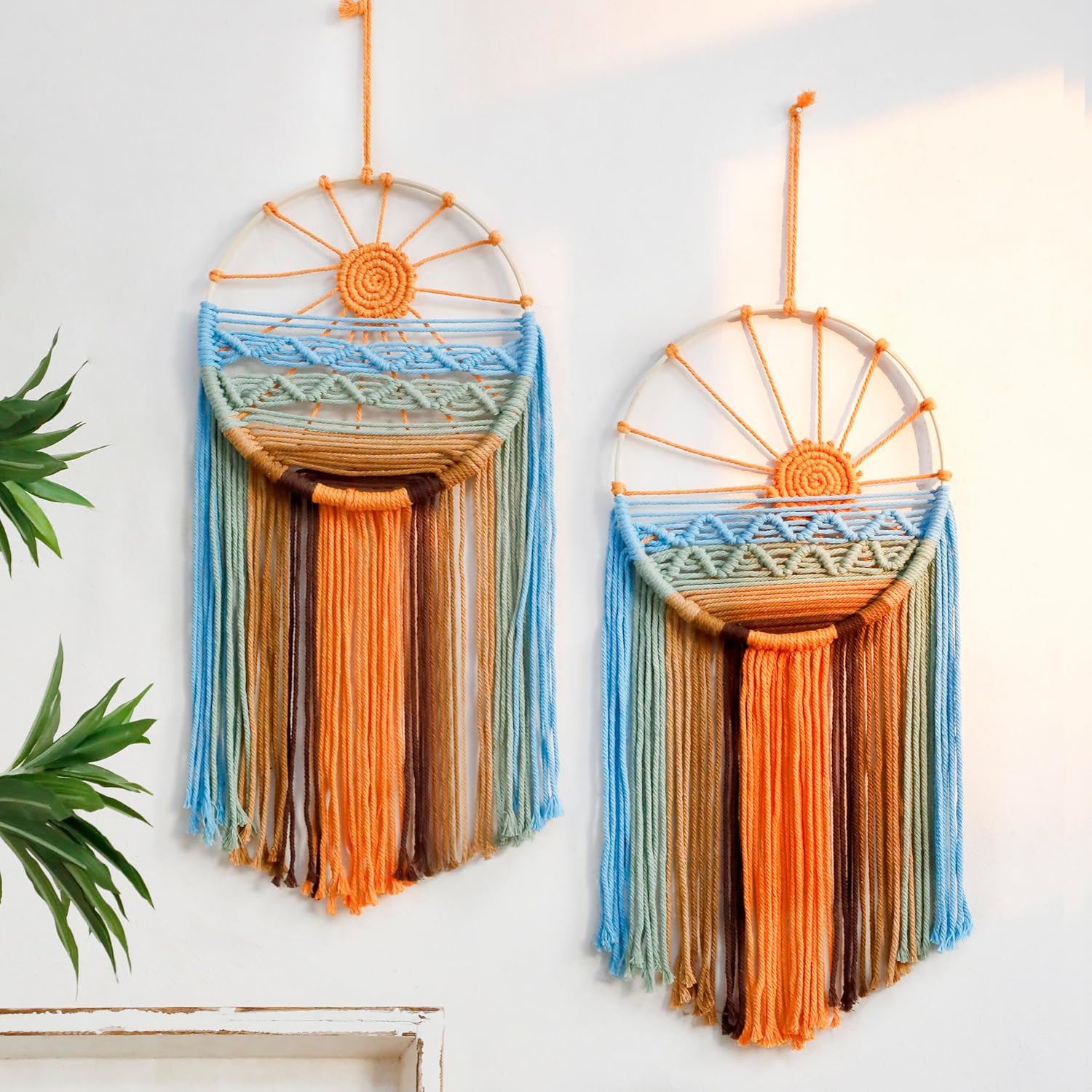 3 Pack Macrame Wall Hanging Tapestry Sunrise Sunset Wall Art Set, Hand Woven Boho Tapestries Colorful Sun Wall Decor for Bedroom Living Room Apartment (3 Pcs)