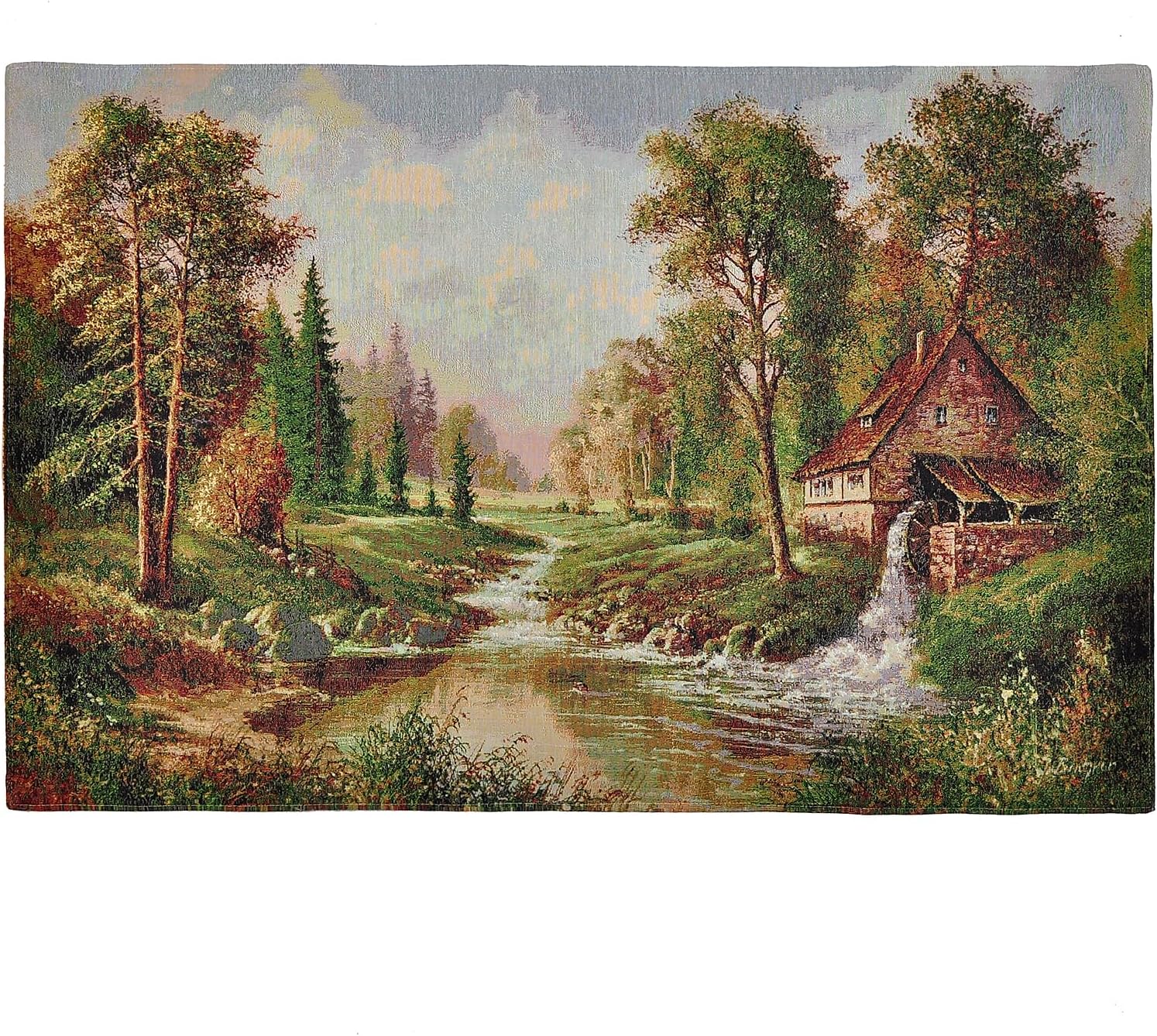 Vintage Nature Tapestry Wall Hanging Set with Telescopic Rod & Tassels - Jacquard Woven Fabric Aesthetic Lake & Mountain Landscape Wall Tapestry for Bedroom/Living Room Decor Green Art (42"x27")