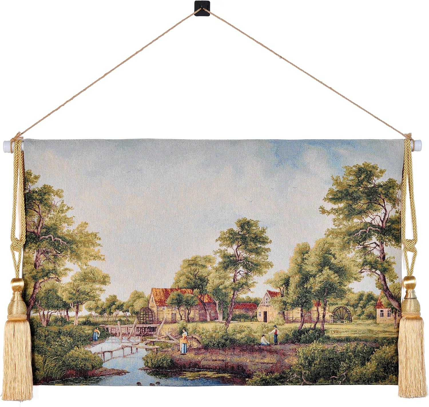 Vintage Nature Tapestry Wall Hanging Set with Telescopic Rod & Tassels - Jacquard Woven Fabric Aesthetic Lake & Mountain Landscape Wall Tapestry for Bedroom/Living Room Decor Green Art (42"x27")