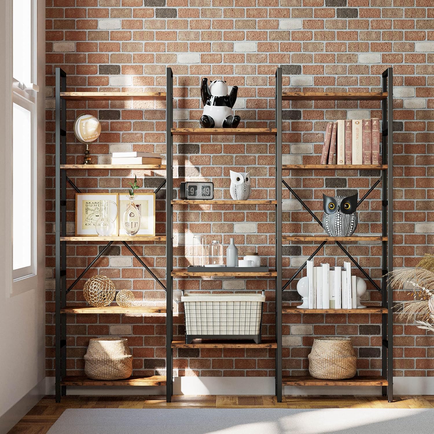 IRONCK Bookcases and Bookshelves Triple Wide 5 Tiers Industrial Bookshelf, Large Etagere Bookshelf Open Display Shelves with Metal Frame for Living Room Bedroom Home Office